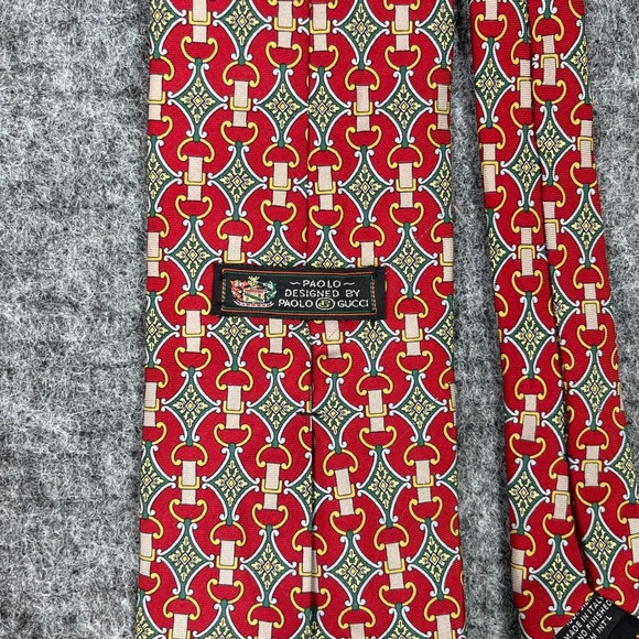 Paolo Gucci Silk Tie Mens‎ Vintage Made In Italy Red Equestrian Chain Pattern - Picture 4 of 9